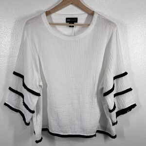 JNY Jones New York Blouse Bell Sleeve Fringe Trim White Cotton‎ Gauzy Top 1X